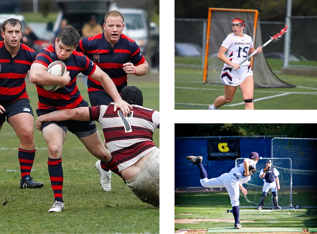 圣玛丽大学的学生们在玩曲棍球、棒球和橄榄球.